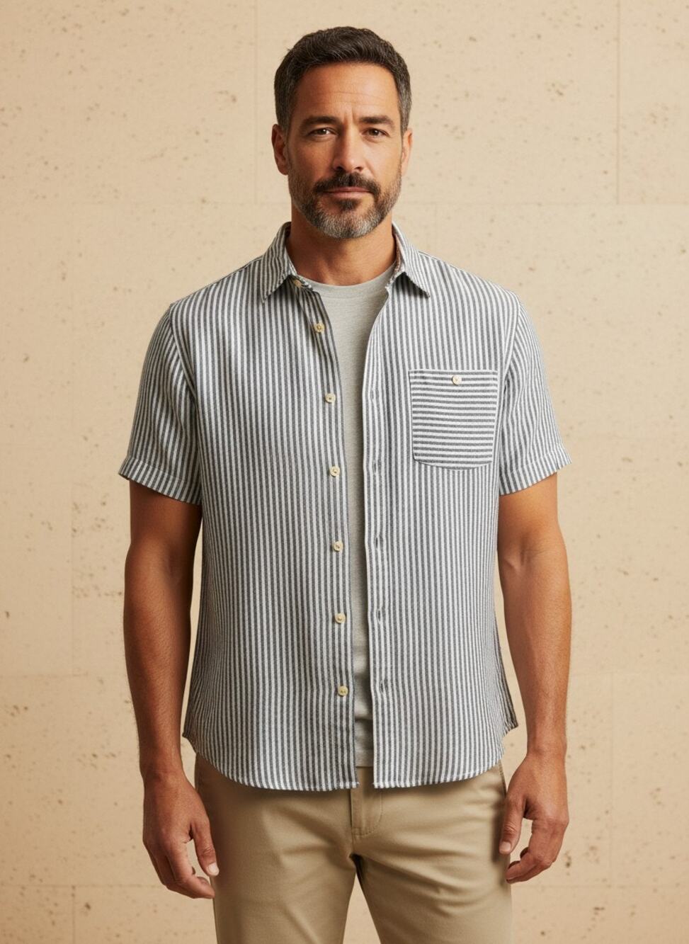 Alex Crane Ola Linen Short Sleeve Button Up Shirt Men's Gray Blue Stripe Size M